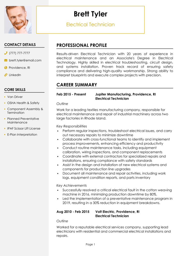 Electrical Technician Resume 1