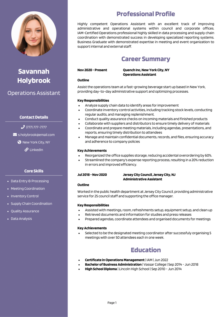 Operations Assistant Resume 1