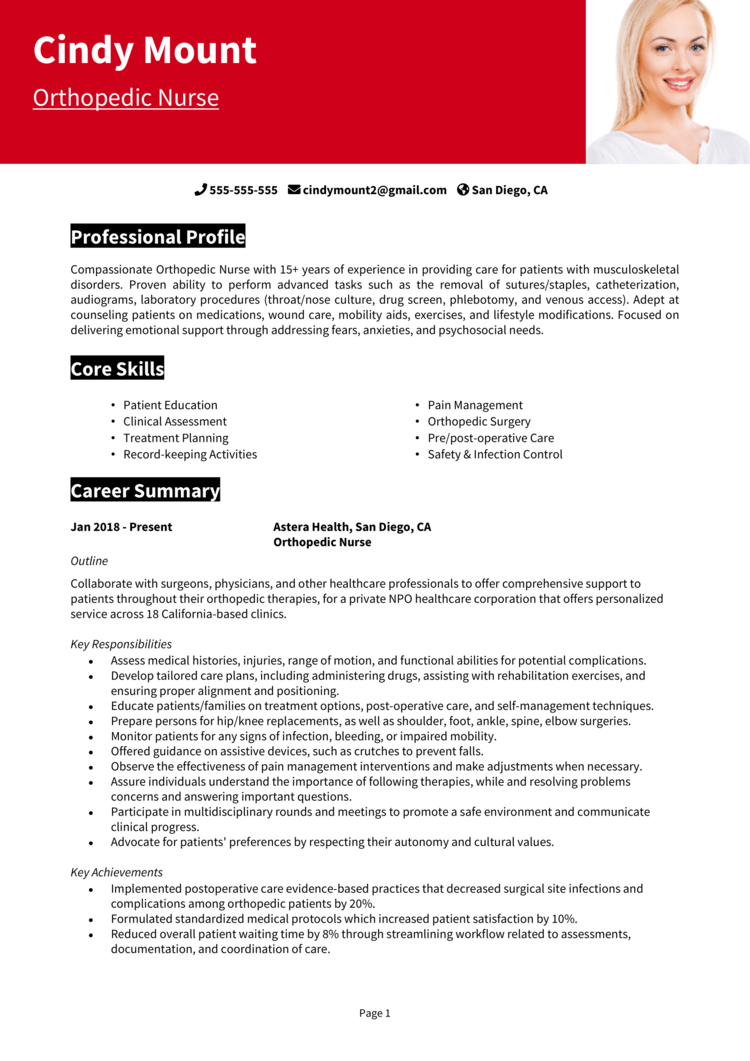 Orthopedic Nurse Resume 1