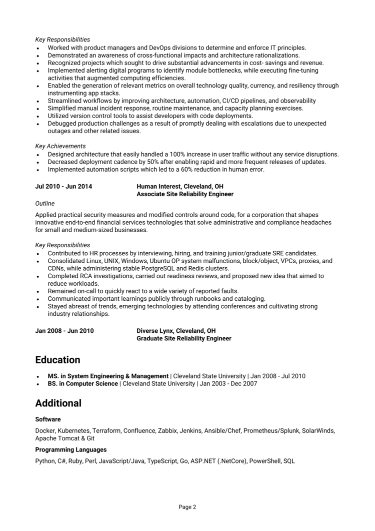 SRE resume example + guide [Site reliability engineer]