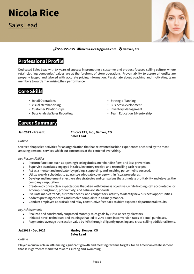 Resume layout example 1