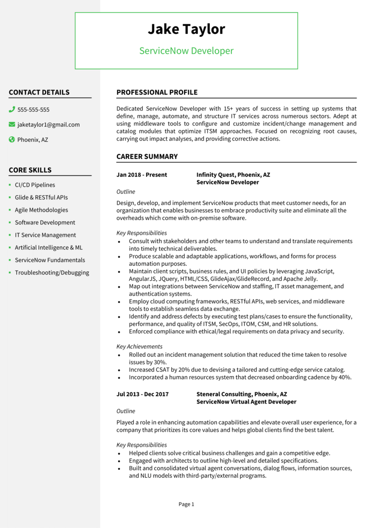 servicenow hrsd developer resume