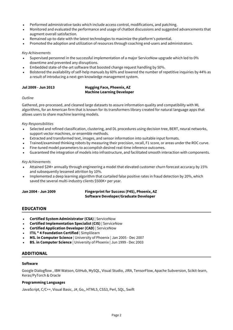 servicenow developer resume for 2 years experience