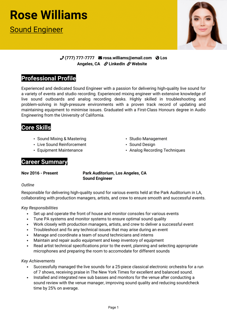 Sound Engineer Resume Example Guide Get Hired Fast   Sound Engineer Resume 1 