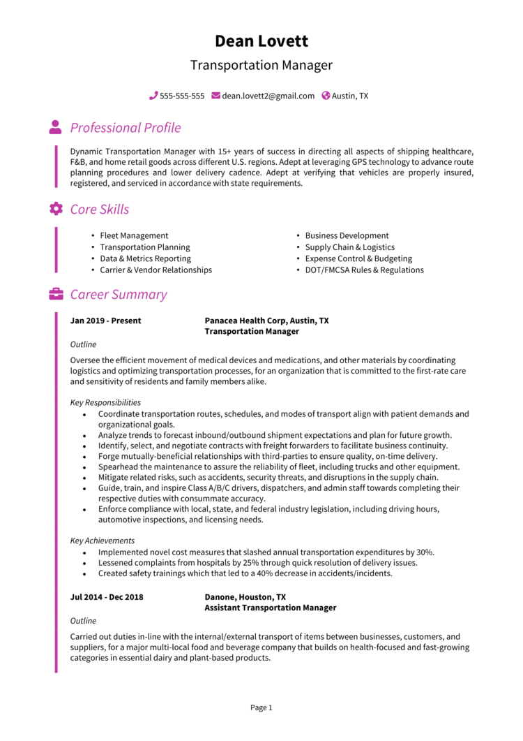 transportation manager resume examples