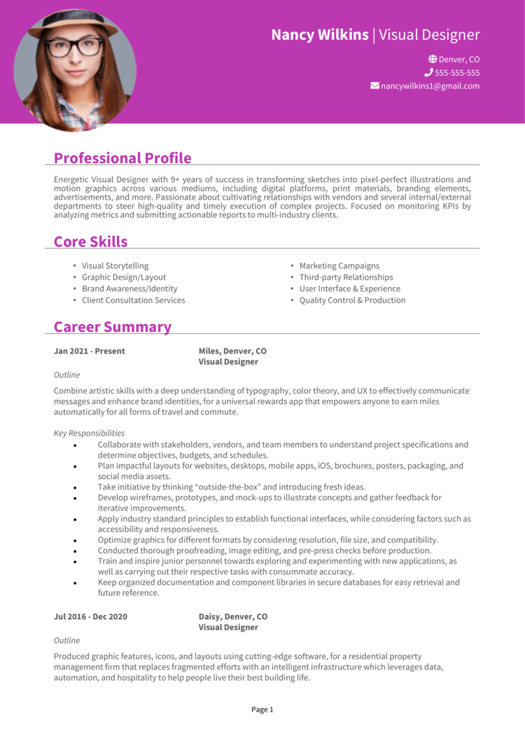 Visual Designer resume example + guide [Get noticed]