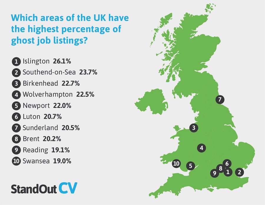 Map showing top areas for ghost job listings in the UK