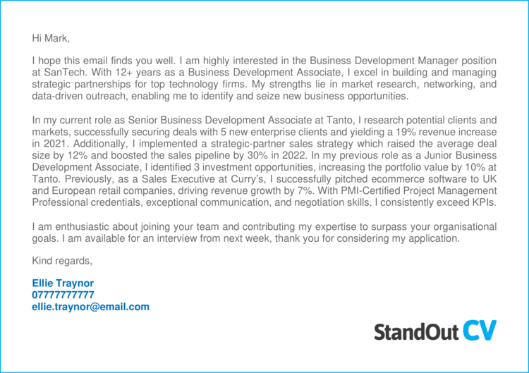 sample application letter business development manager