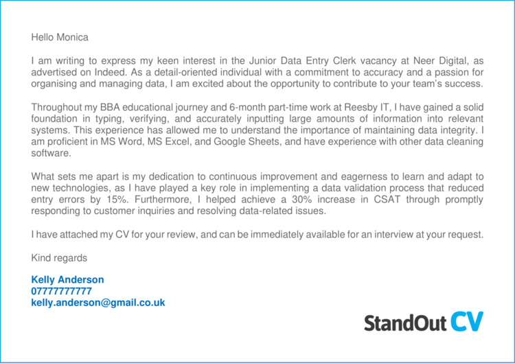 Data Entry Clerk cover letter 1