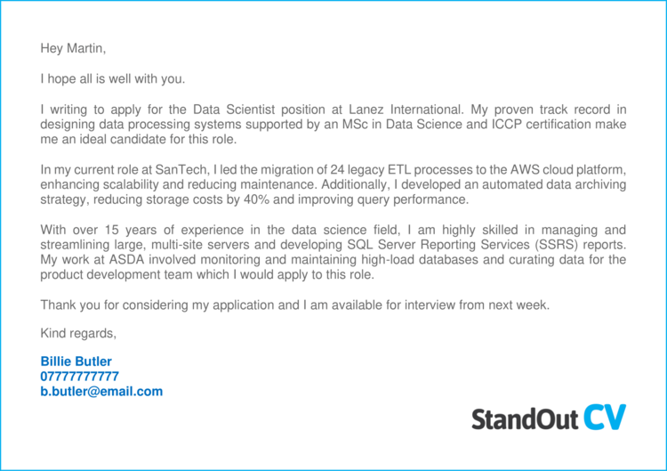 Data Scientist cover letter 2