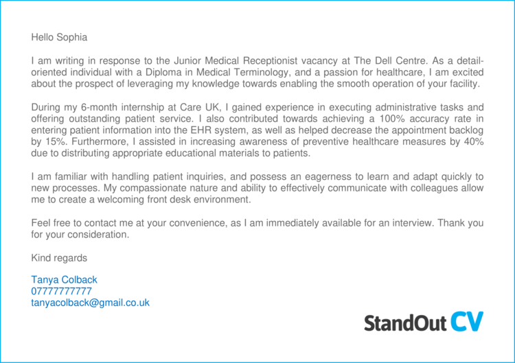 Medical Receptionist cover letter 3