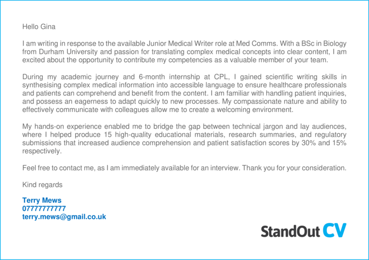 Medical Writer cover letter 1