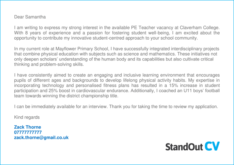 pe teacher cover letter sample uk