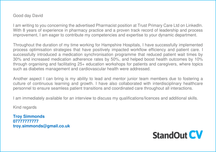 good cover letter pharmacist