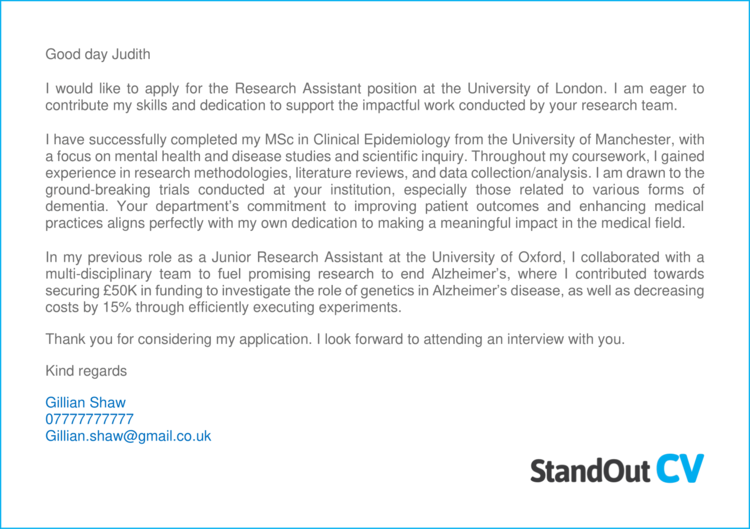 Research Assistant cover letter 1