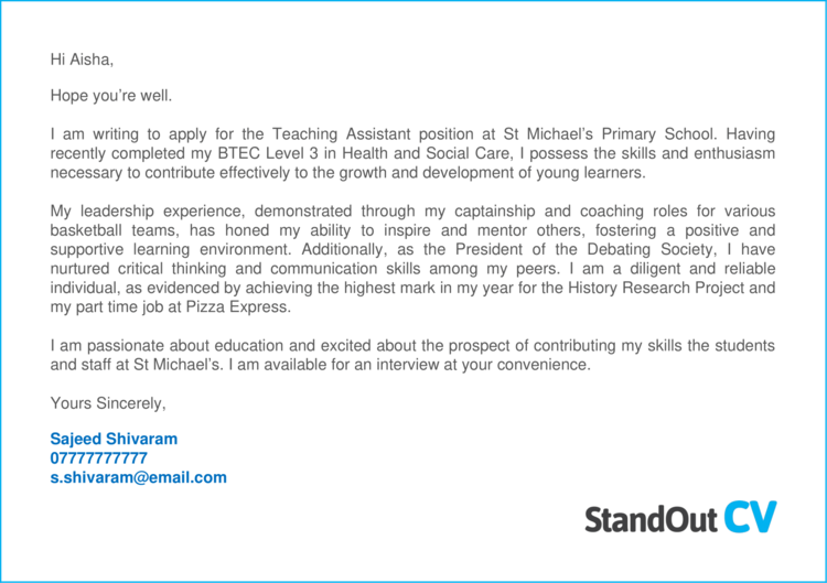 Teaching Assistant cover letter 1