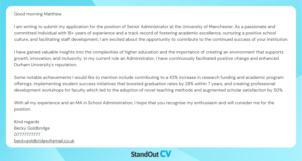 Admin cover letter example