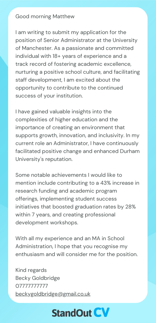 Admin cover letter example
