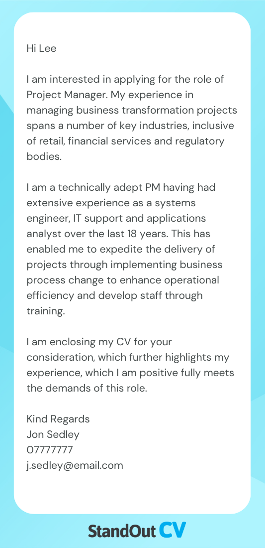 Project management cover letter example