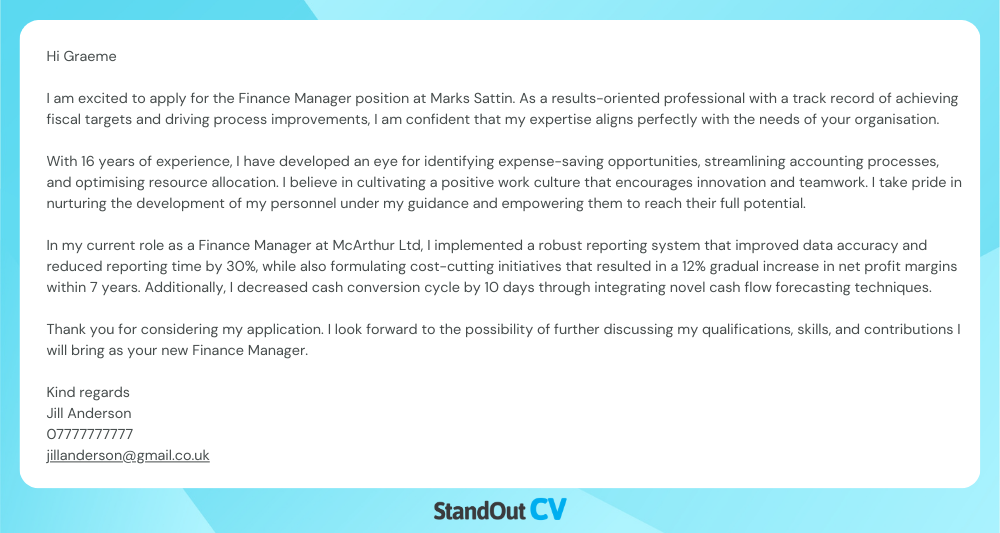 Finance cover letter example