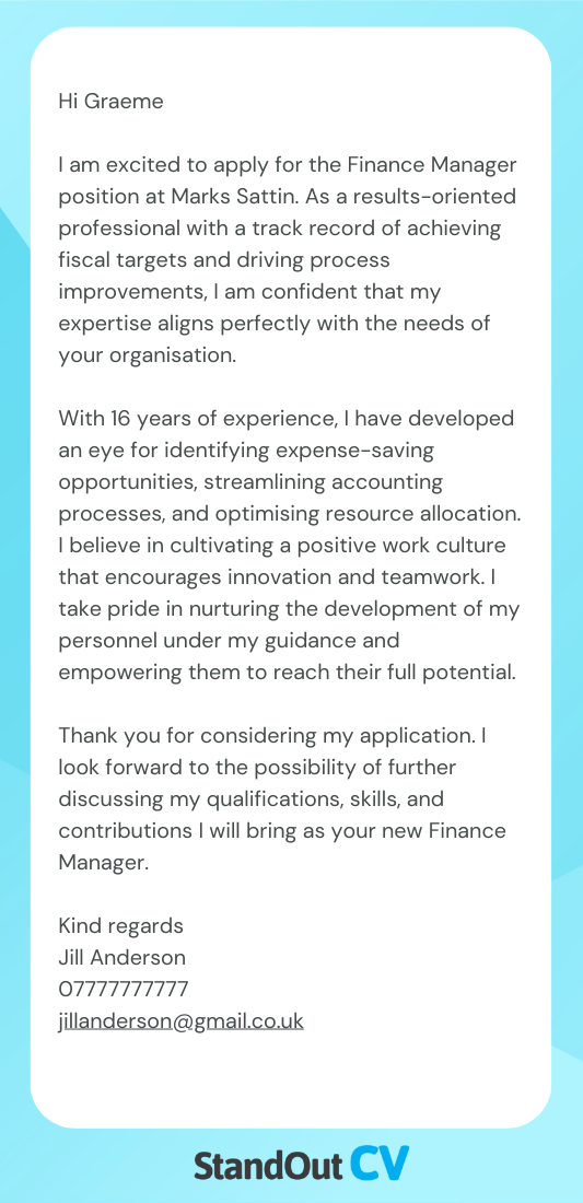 Finance cover letter example