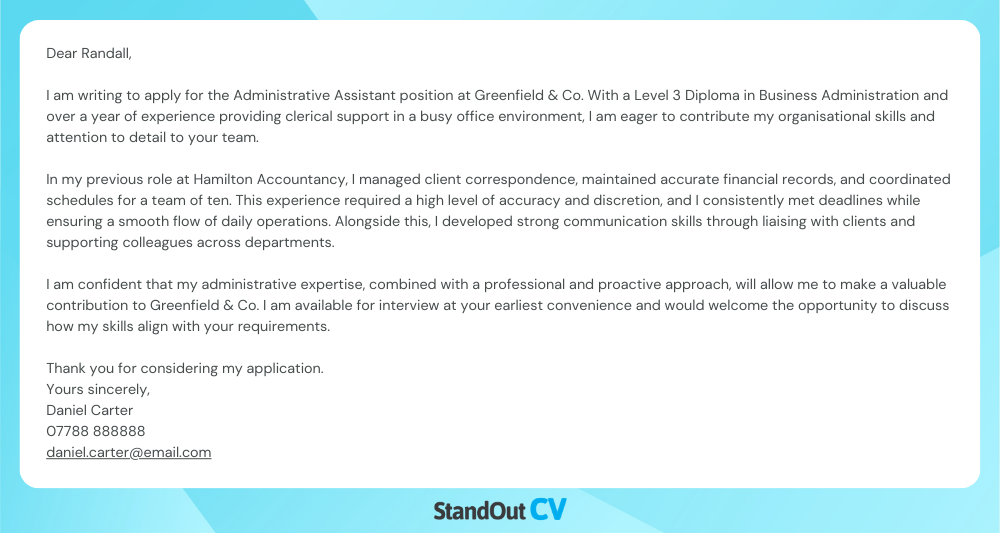 Formal cover letter example