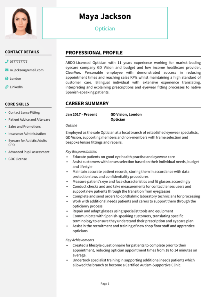 Optician CV