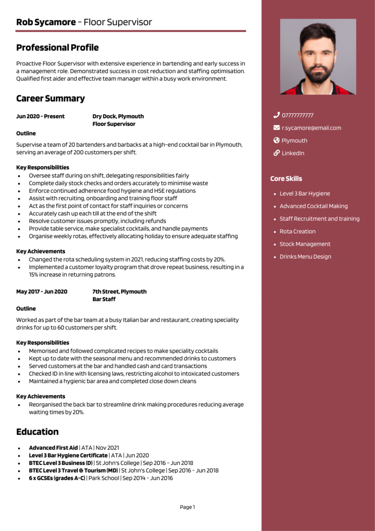 Floor Supervisor CV example + guide [Land top jobs]