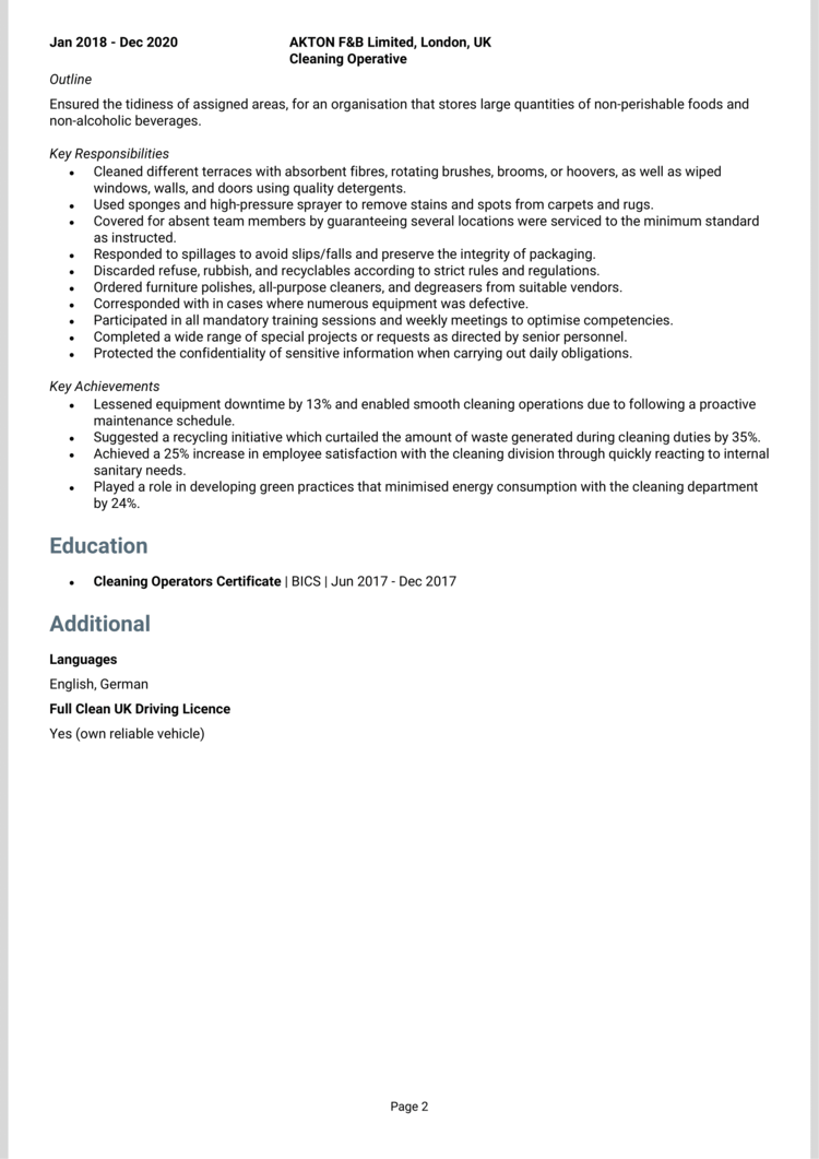 Cleaning Operative CV example + guide [Get jobs]