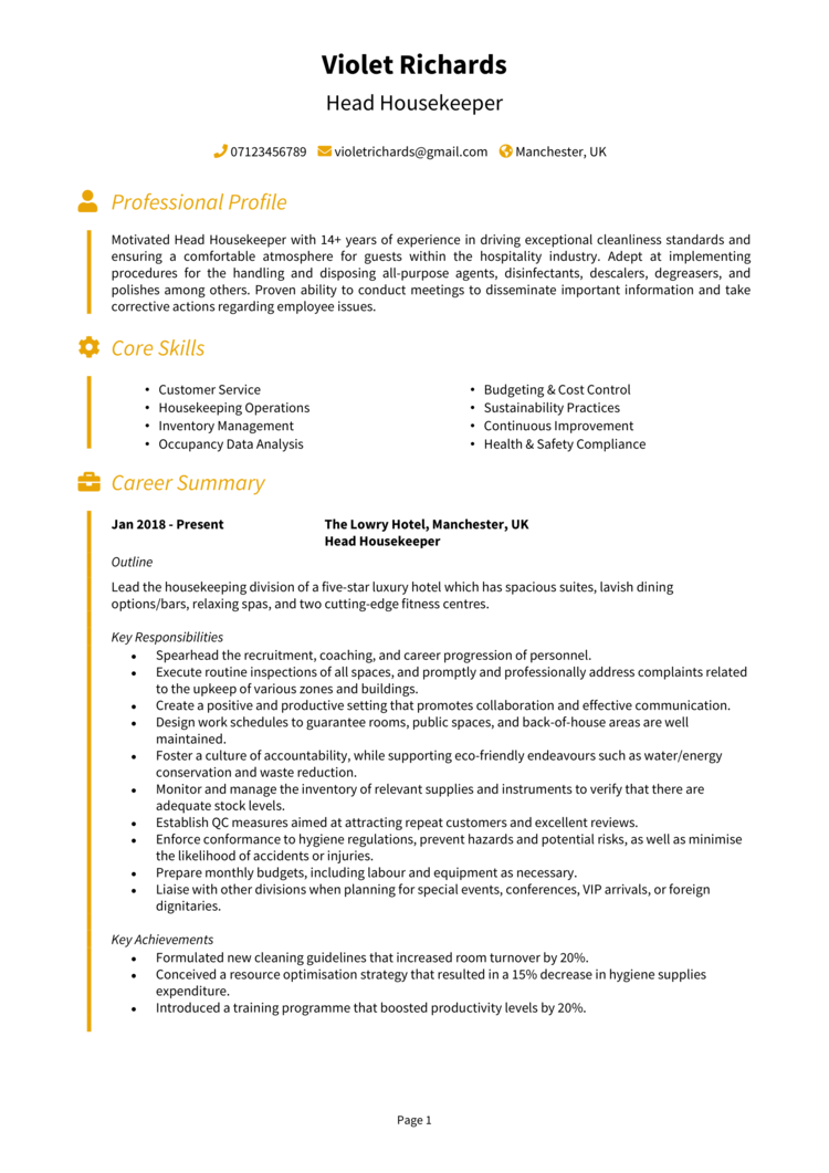 Head Housekeeper CV example + guide [Get hired quick]