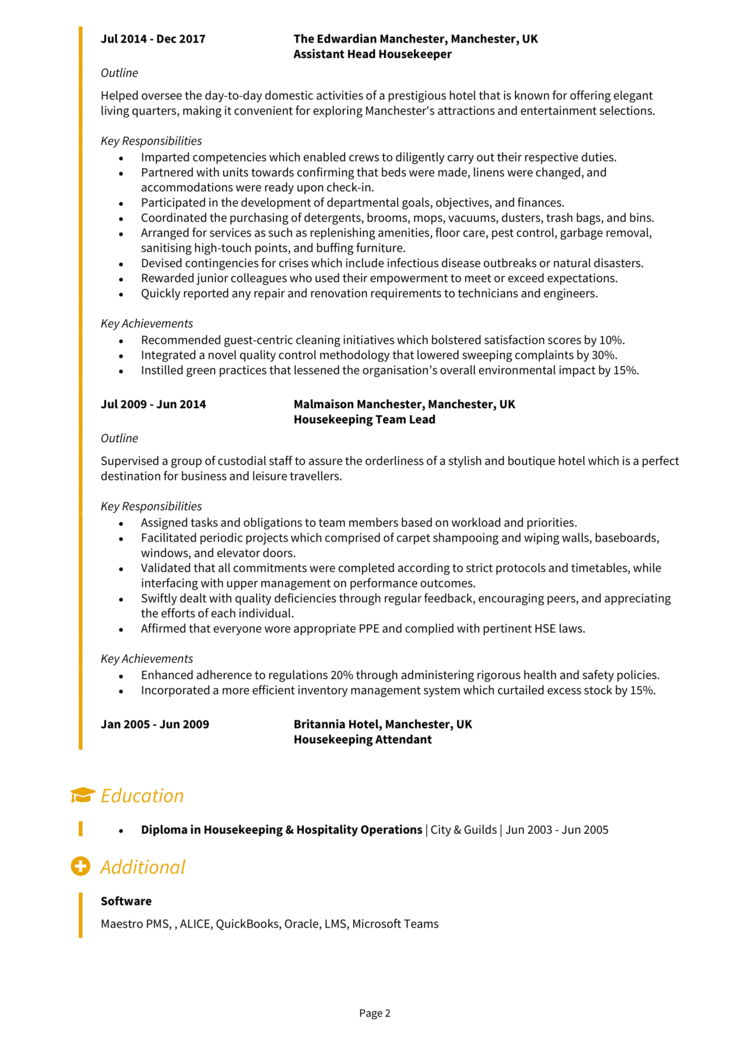 Head Housekeeper CV example + guide [Get hired quick]