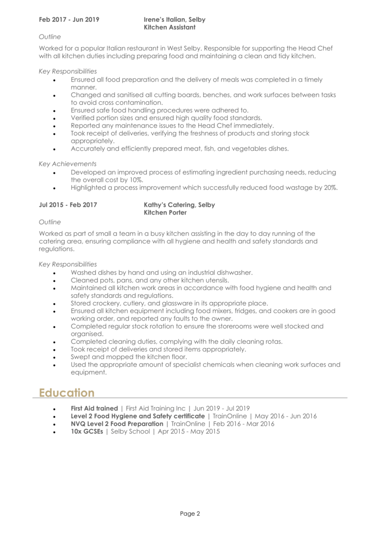 Kitchen Assistant CV-2