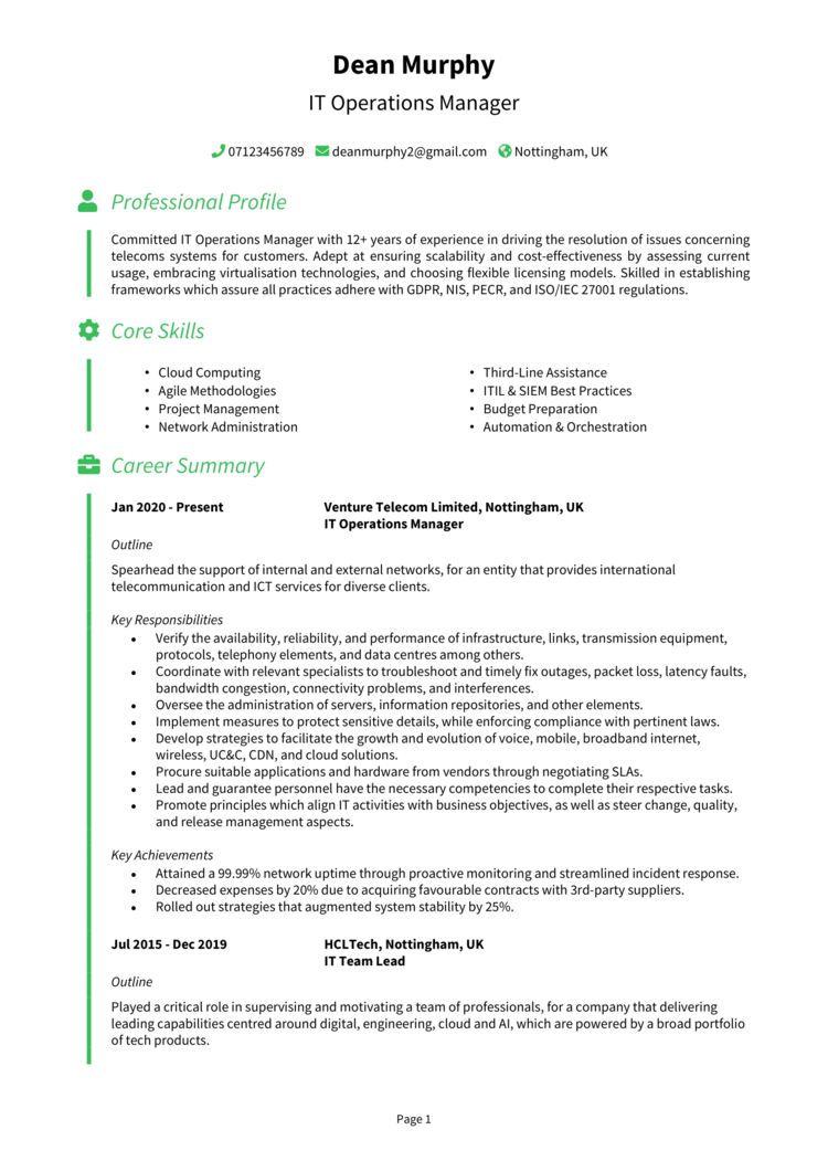 IT Operations Manager CV example + template [Get noticed]