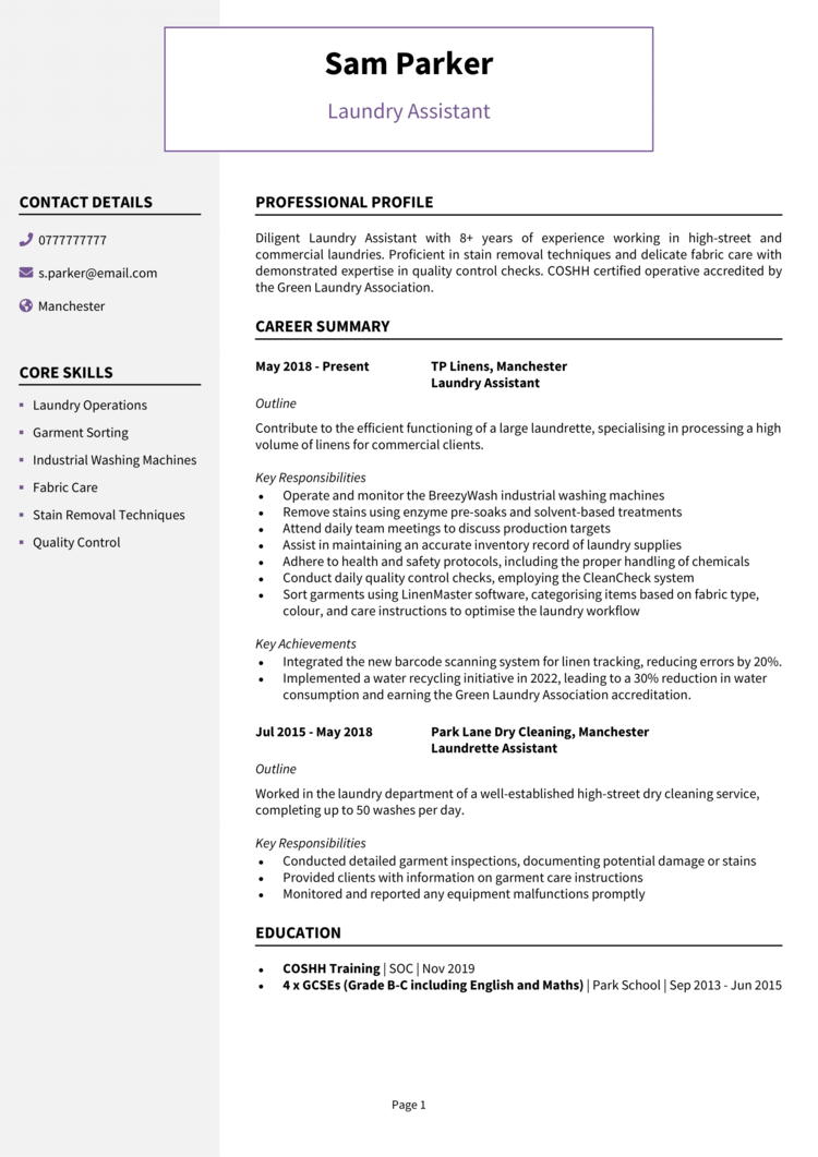 Laundry Assistant CV example + guide [Land great jobs]