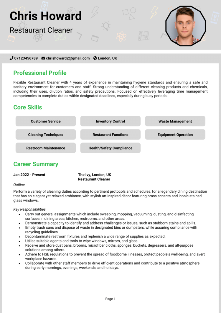Restaurant Cleaner CV example + guide [Win interviews]
