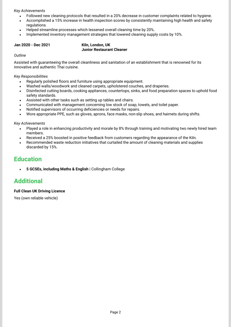 Restaurant Cleaner CV example + guide [Win interviews]