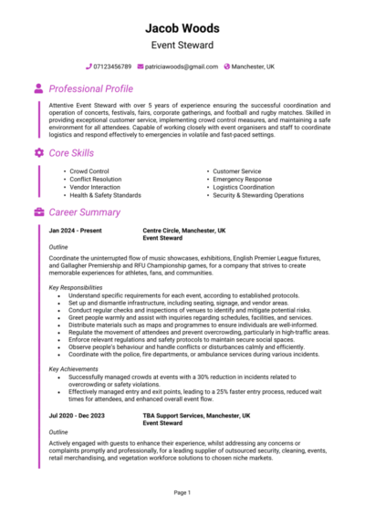 Event Steward CV example