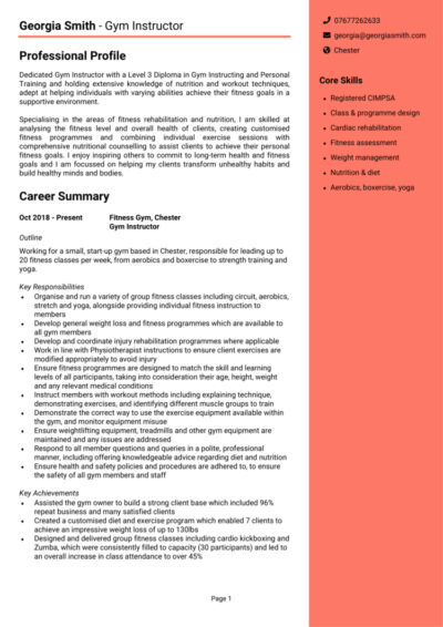 Gym Instructor CV example (Fitness Instructor)