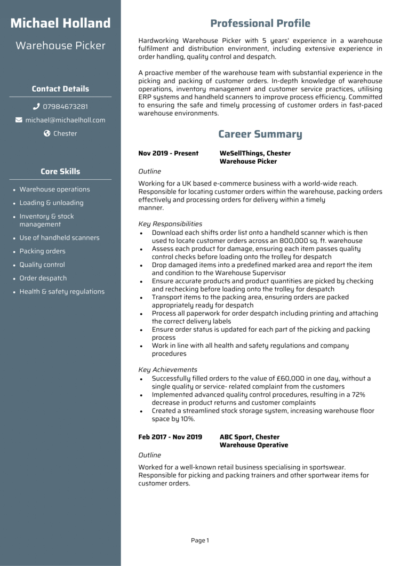 Picker Packer CV example