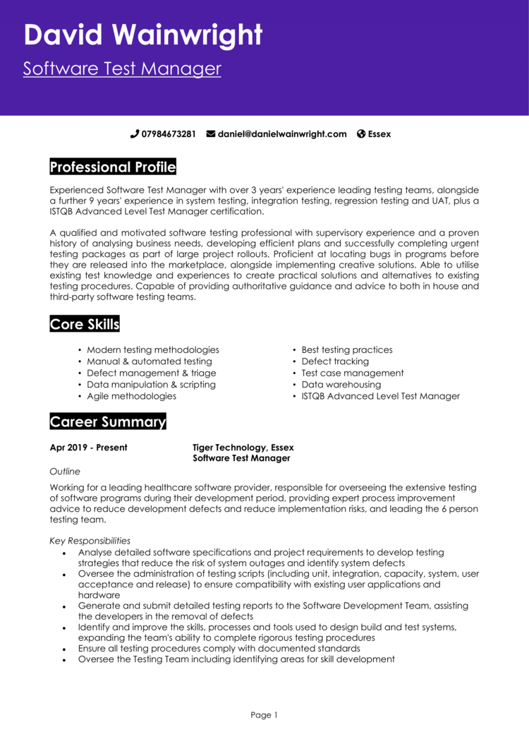 Software Test Manager CV