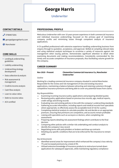 Underwriter CV examples