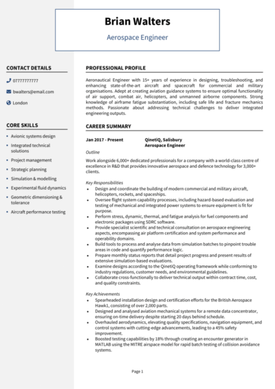 Aerospace Engineering CV example