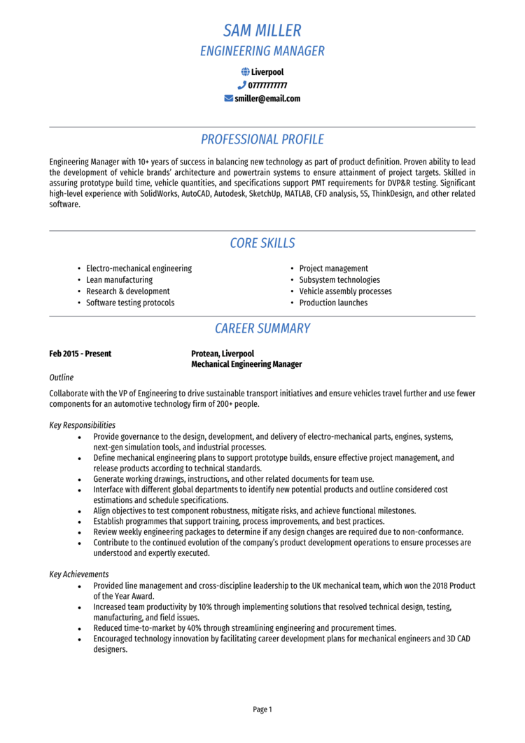 Engineering Manager CV-1 Engineering Manager CV