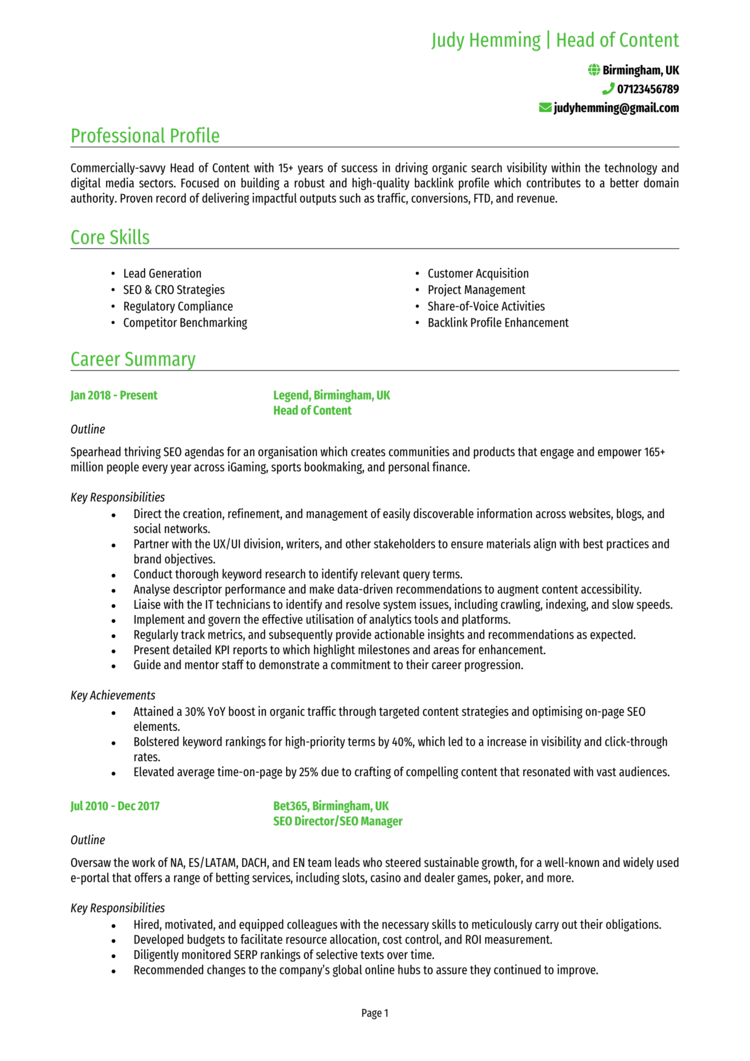 Head of Content CV