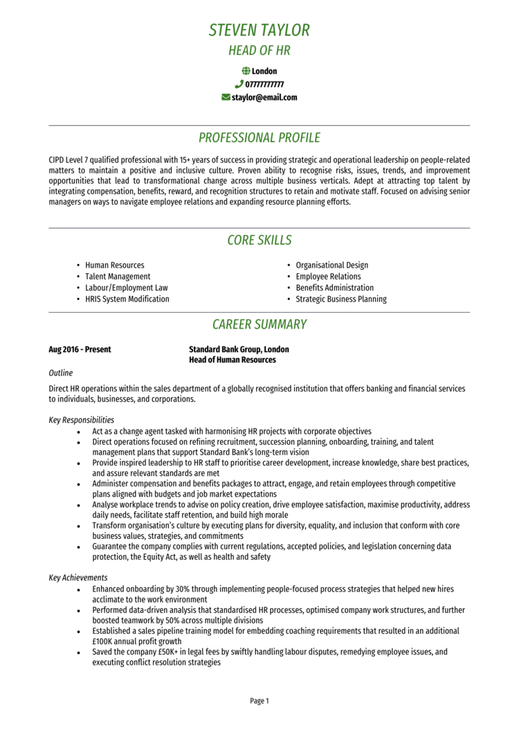 Head of HR CV
