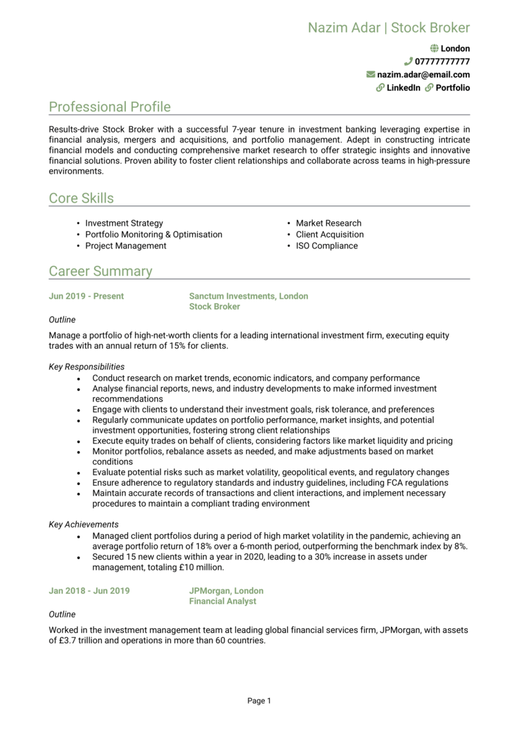 Stock Broker CV-1 Stock Broker CV