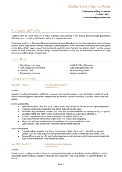 Chef de Partie CV examples
