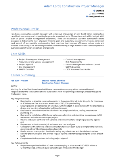 Construction Manager CV example