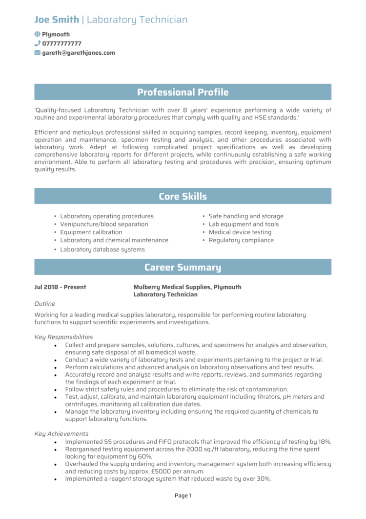Lab Technician CV-1 Lab Technician CV