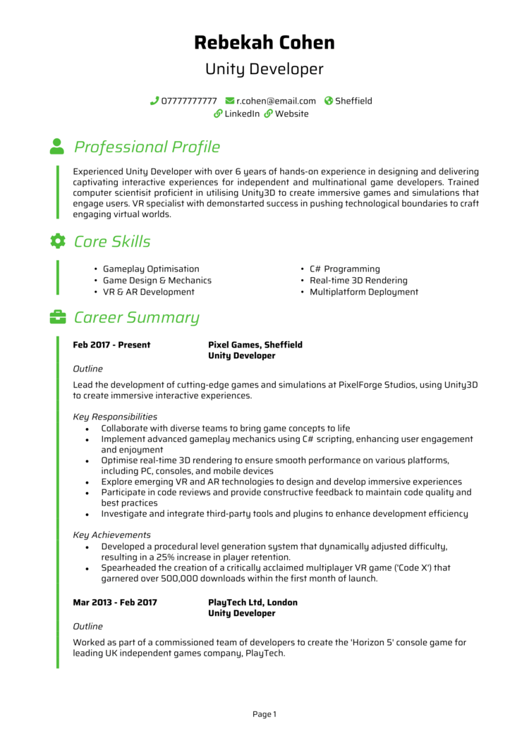 Unity Developer CV-1 Unity Developer CV